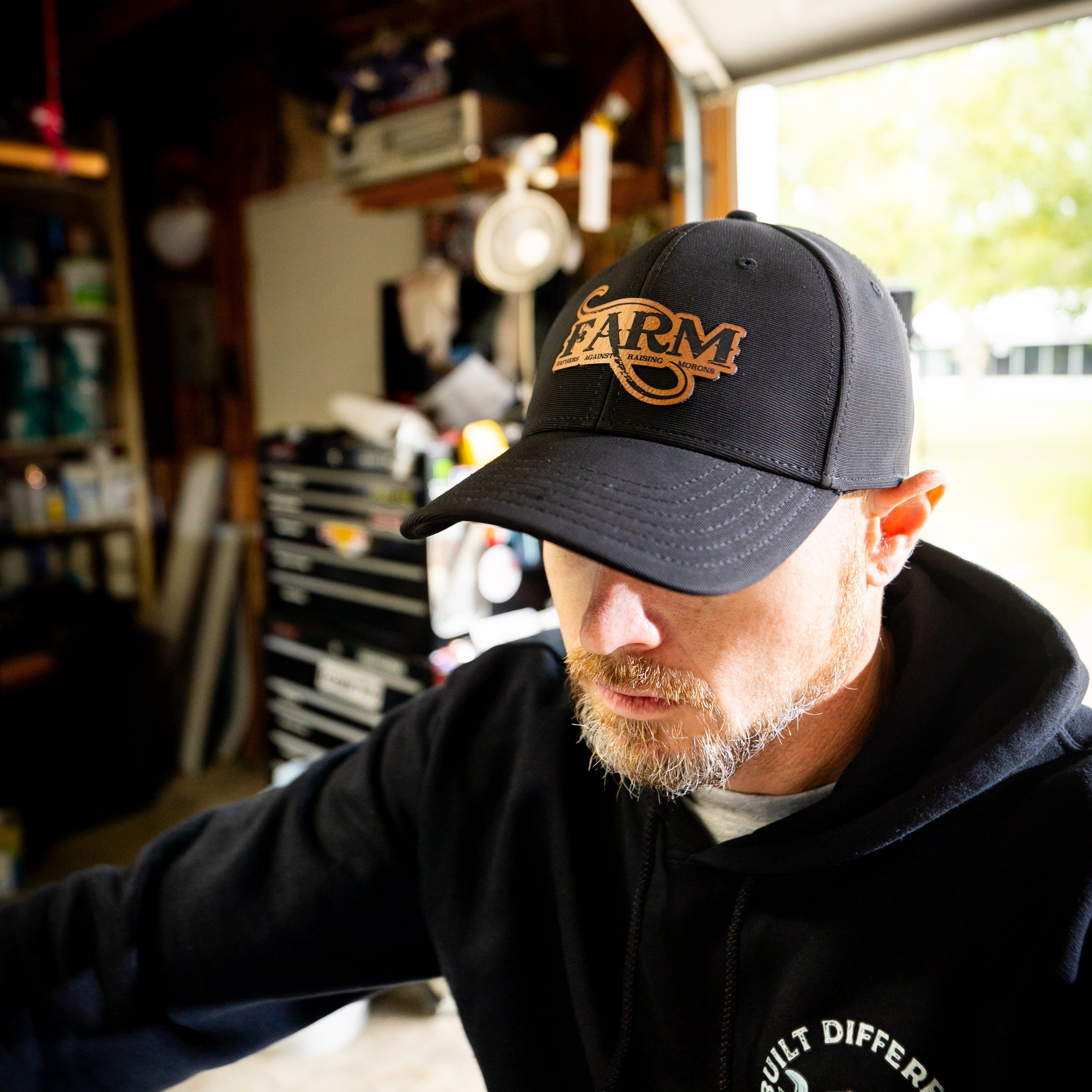 Flex Fit Style Hat with a leather patch on Bike