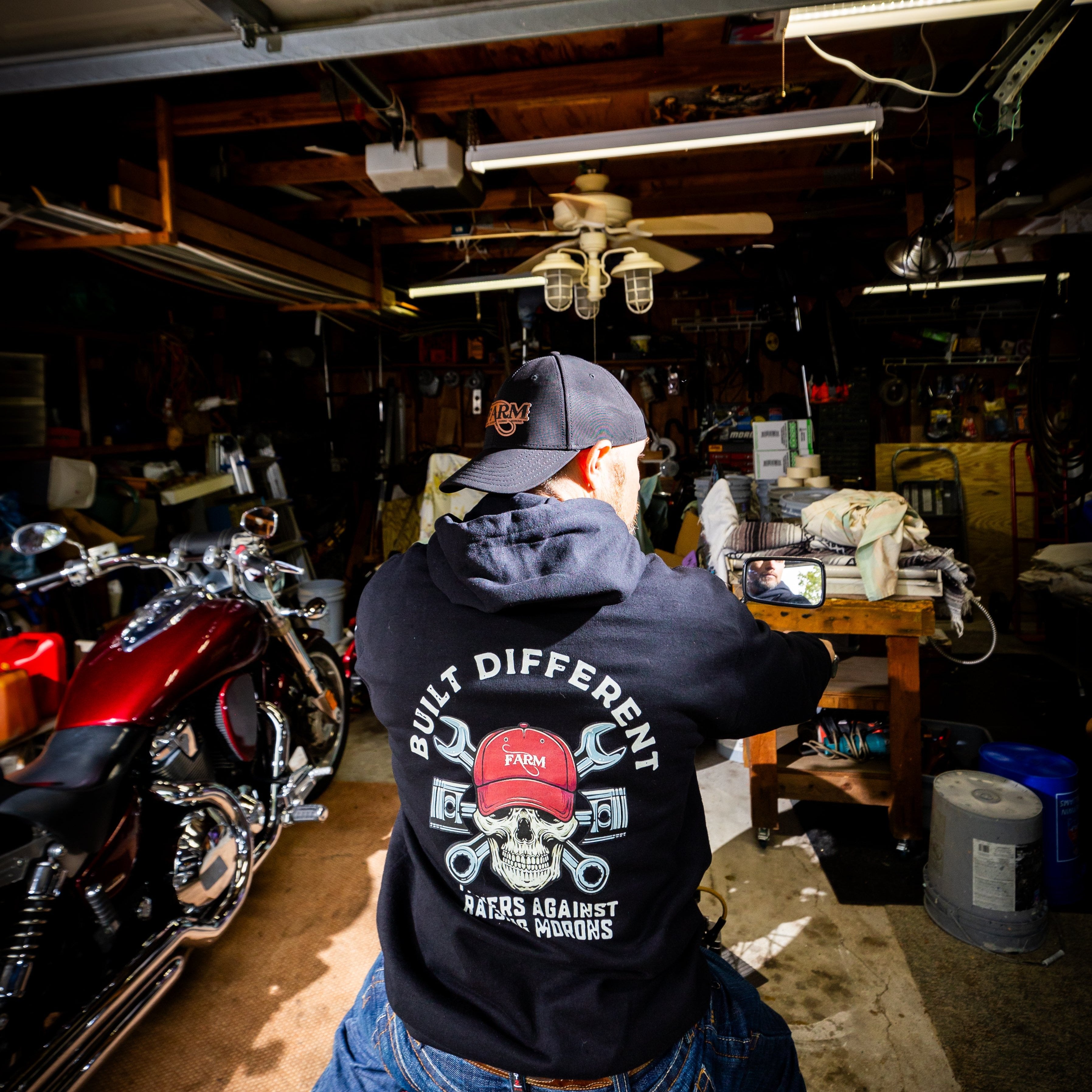 ryan on bike with flex fit hat backwards